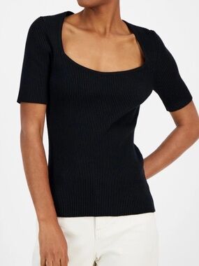 Boss Hugo Boss Sz L Shirt Black Sweetheart Neck Short Sleeve Knit Ribbed Top